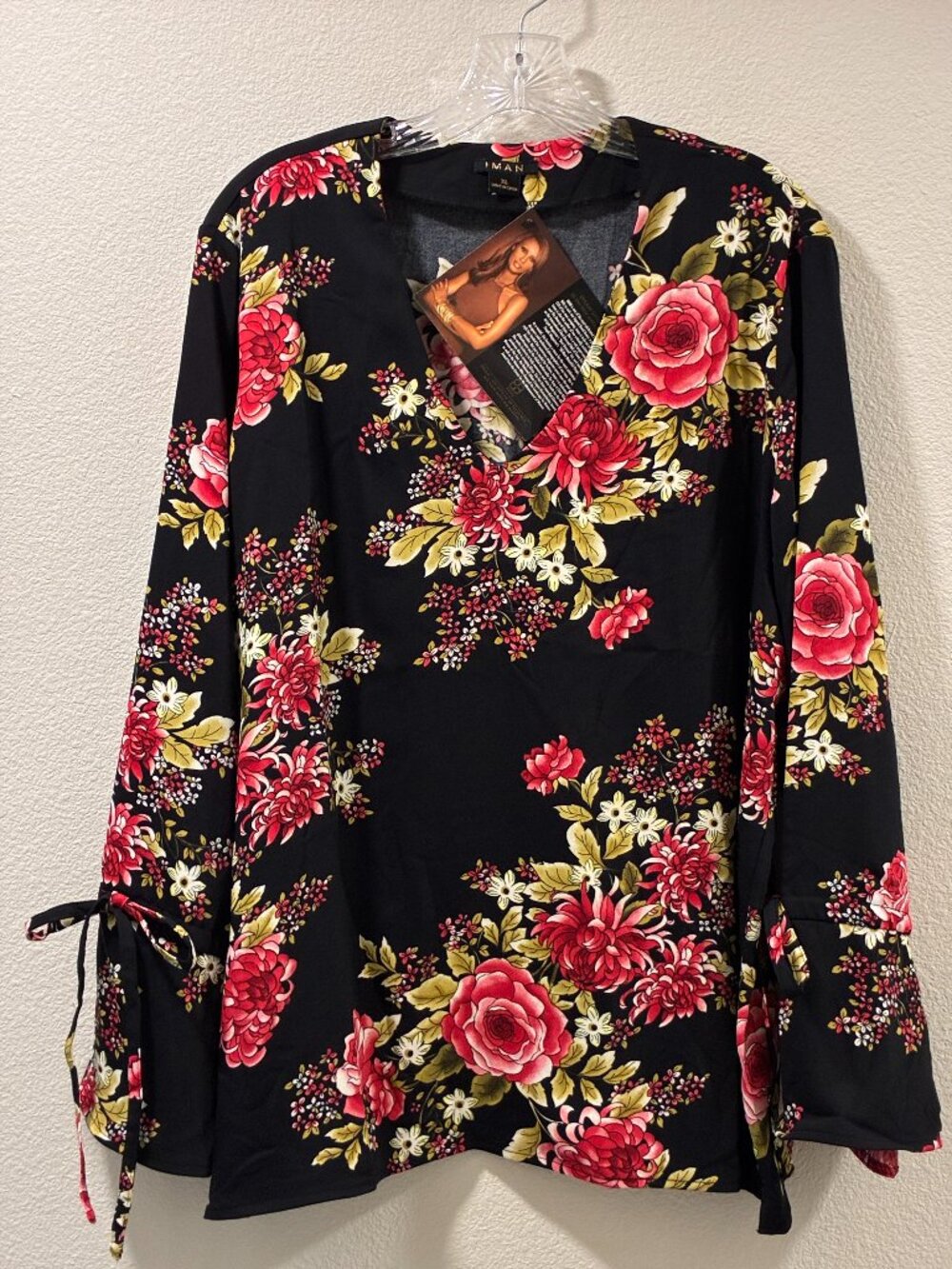 IMAN Global Chic Black/Red Floral Long Bell Sleeve Woven Blouse Women XL NWT